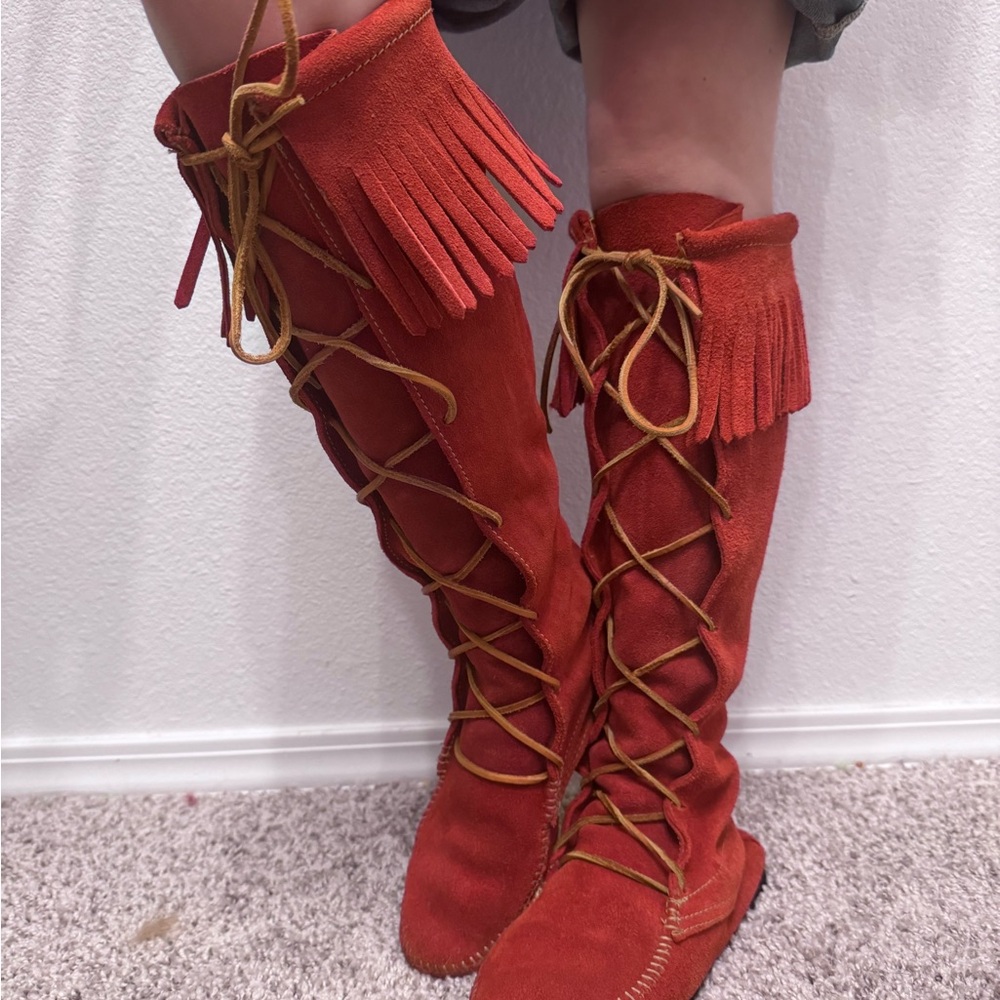 Minnetonka Red Lace-Up Boots with Fringe